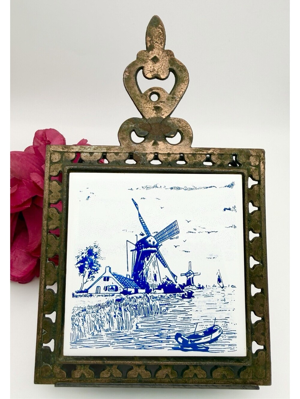 Vintage Delft Style Blue Tile  Windmill Trivet w/Metal Base Copper Taiwan